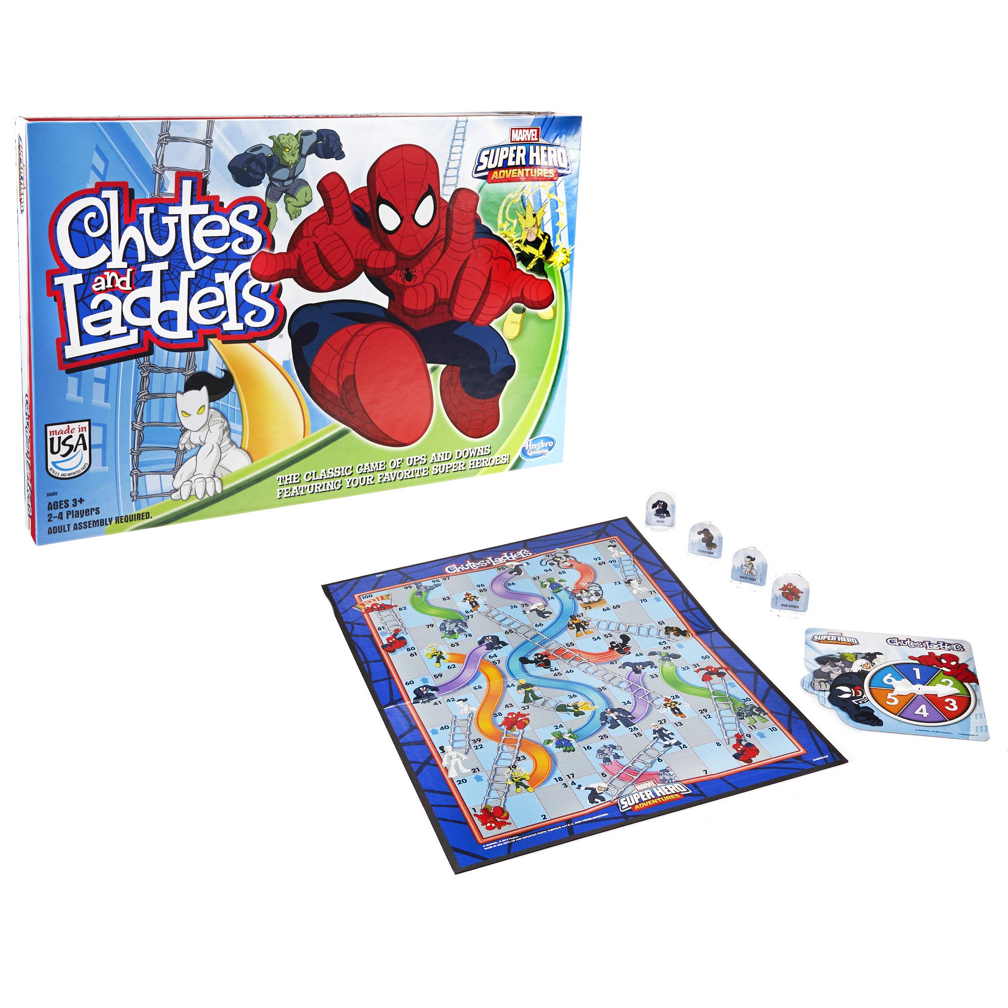 Hasbro Gaming Marvel Spider-Man Web Warriors Chutes & Ladders Game (Amazon Exclusive) for 3+ Years, Includes Gameboard, spinner with arrow and base, 8 character pawns, 4 pawn stands, and instructions.