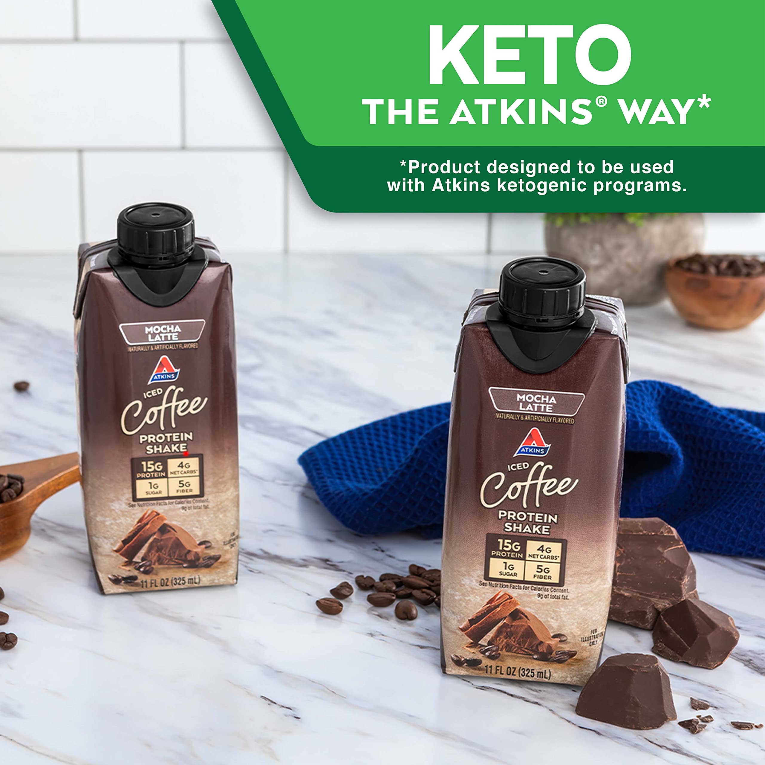 Atkins Iced Coffee Mocha Latte Protein-Rich Shake, with Coffee and Protein, Keto-Friendly and Gluten Free, 11 Fl Oz (Pack of 12) (Packaging May Vary)