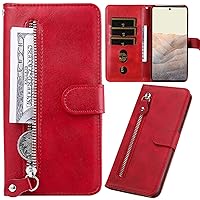 XYX Zipper Wallet Case for Samsung A13 5G, Solid Color PU Leather Folio Flip Phone Case Cover with Wrist Strap Kickstand for Galaxy A13 5G, Red