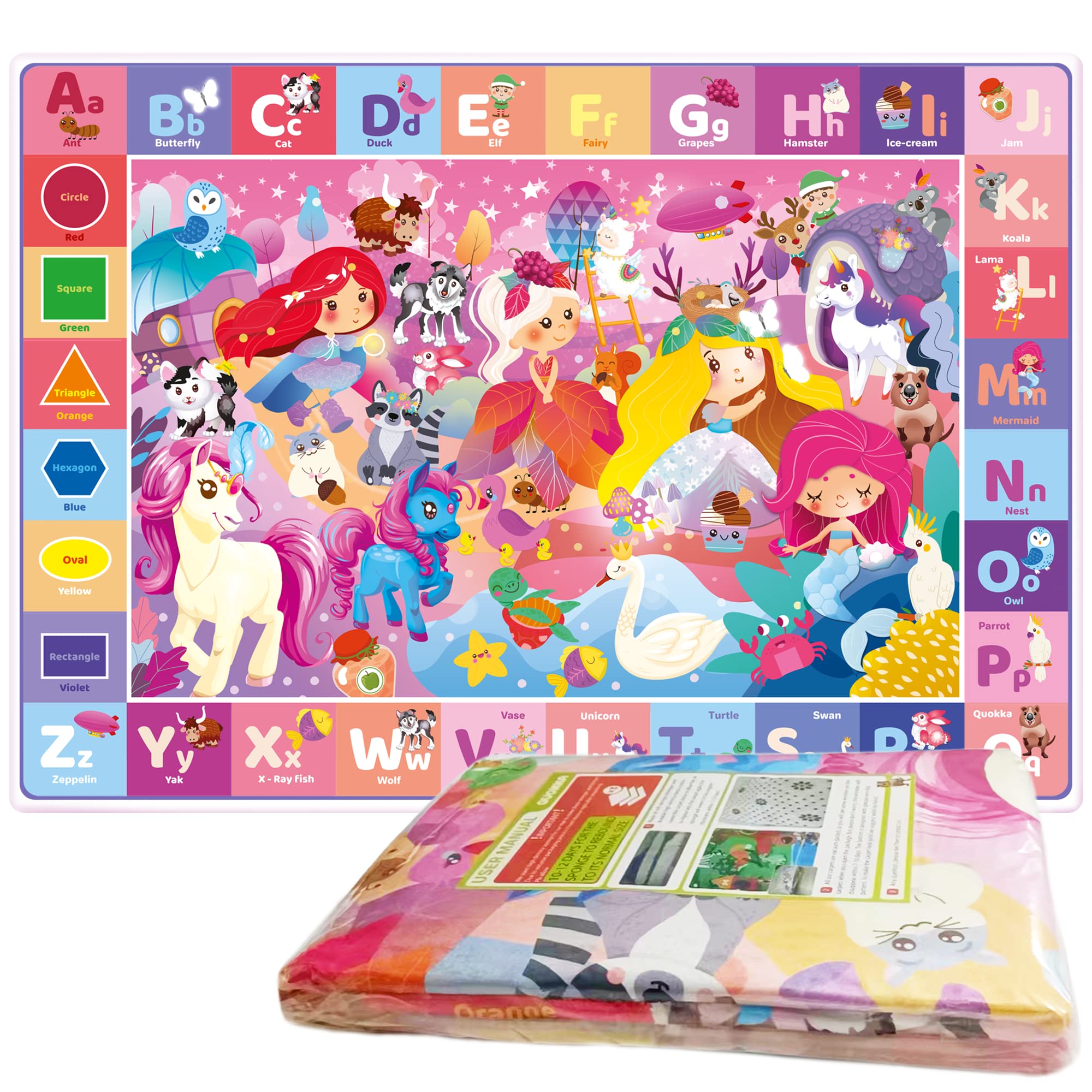QUOKKA Playmats for Babies and Toddlers ABC Play Mat for Kids Baby Infants - Super Soft Plush Extra Thick (0.8cm) Large Alphabet Rug with Unicorn Princess - Padded Foldable Non-Slip Mat