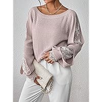 Women's Sweater Contrast Lace Raglan Sleeve Sweater for Women Loose Fit Pullovers Sweater for Women (Color : Dusty Pink, Size : Large)