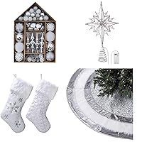 Valery Madelyn Frozen Winter Silver White Christmas Decoration Bundle (4 Items) 70ct Multi Shaped and Sizes Xmas Ornaments，21 Inch Stocking,48 Inch Tree Shirt and Pre-Lit Christmastree Topper