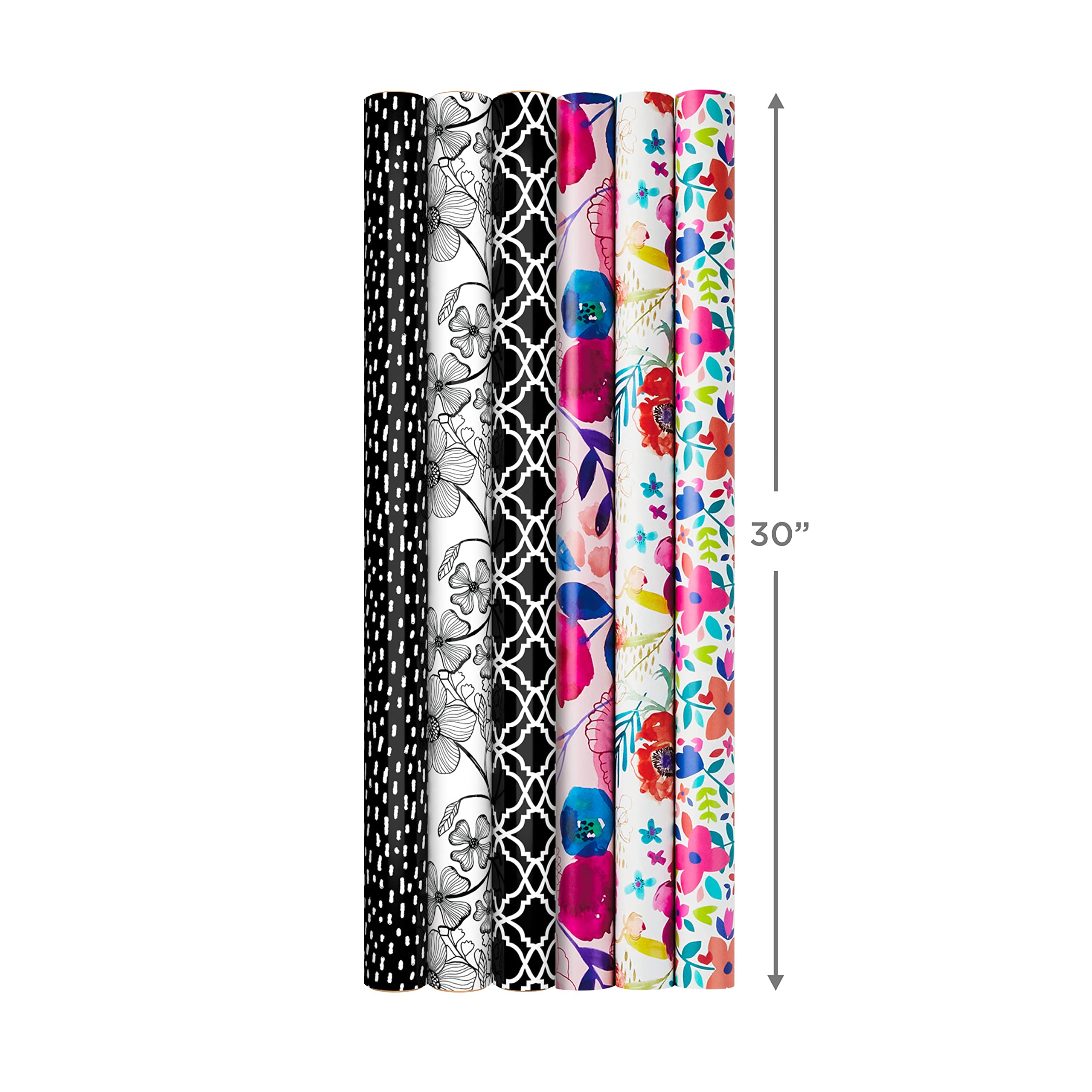 Hallmark Reversible Wrapping Paper Bundle (6 Rolls: 195 Square Feet Total) Flowers & Polka Dots, Black and White, Pink and Blue for Birthdays, Weddings, Valentine's Day, Mother's Day, Baby Shower
