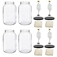 North Mountain Supply 1 Gallon Glass Wide Mouth Jar With Drilled Black Plastic Lid, 6-Bubble, & Cheesecloth - Set of 4 - USDA Approved, BPA-Free, Dishwasher Safe For Fermenting