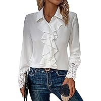 GORGLITTER Women's Long Sleeve Button Down Shirts Ruffle Work Shirt Chiffon Blouses Tops