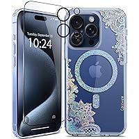 Coolwee Clear Glitter for iPhone 15 ProMax Case Magnetic, Compatible with MagSafe, Thin Flower Slim Cute Crystal Lace Bling Women Floral Hard Back Soft TPU Bumper Protective for iPhone 15 Pro Max