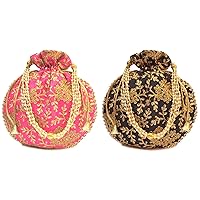 Indian Embroidered Pink & Black Potli Bag with Pearls Handle Purse Party Wear Ethnic Clutch for Women Combo of 2