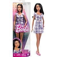 Barbie Fashionistas Doll with Curvy & Tall Frame, Wavy Black Hair Gingham Cut-Out Dress & Accessories