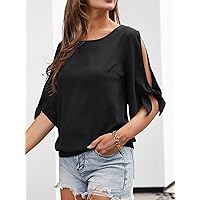 Women's Tops Shirts for Women Sexy Tops for Women Knot Split Sleeve Blouse Shirts for Women (Color : Black, Size : X-Small)