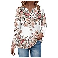 Workout Tops for Women Button Up V Neck T Shirts Long Sleeve Floral Printing Plus Size Blouses Tunic Sweaters