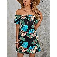 Women's Dress Tropical Print Off Shoulder Knot Front Dress Summer Dress (Color : Multicolor, Size : Medium)
