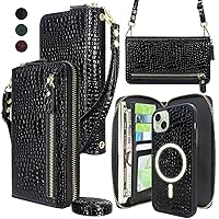 Harryshell Detachable Crossbody for iPhone 15 Plus / 14 Plus Case Wallet Compatible with MagSafe Wireless Charging 5 Card Slots Cash Coin Dual Zippers Pocket Shoulder Wrist Strap (Crocodile Black)