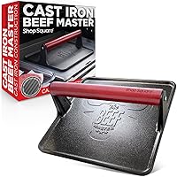 The Beef Master Cast Iron Grill Press - XL Burger Press, Pre-Seasoned Griddle Press, Heavy Duty Meat Press for Bacon, Burgers, and Steak with Cool Touch Handle - 10”x10”x4”