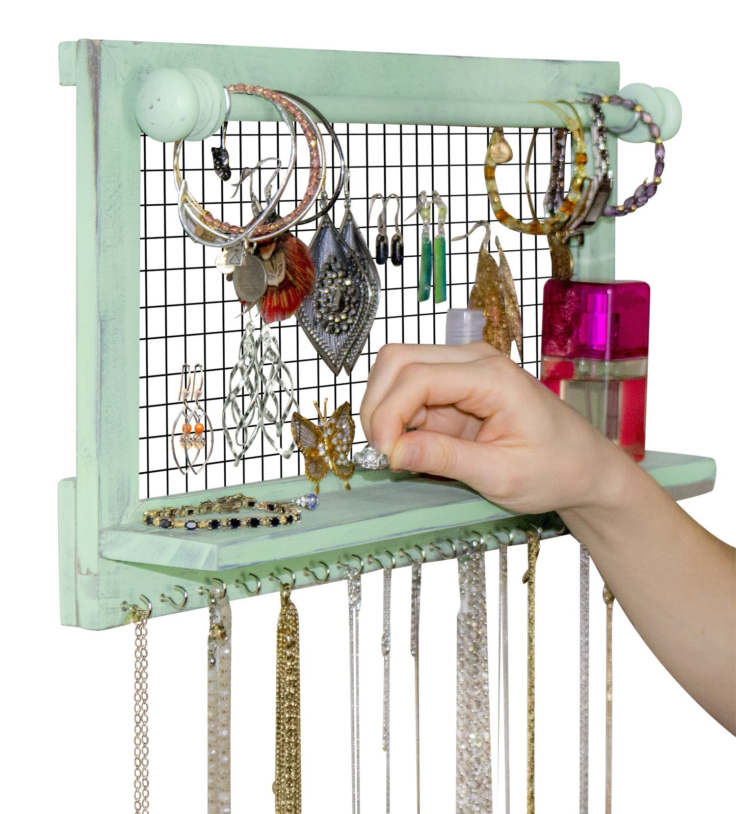SoCal Buttercup Shabby Chic Jewelry Organizer with Removable Bracelet Rod from Wooden Wall Mounted Holder for Earrings Necklaces Bracelets and Other Accessories