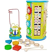 Wooden Activity Cube for Toddlers 1-3 with Bead Maze - Birthday Gift Busy Baby Activity Cube for Babies 12 Months - Standing Wood Sensory Learning Cube Play Center Toys for 1 Year Old Boys & Girls