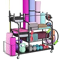Mythinglogic Weight Rack for Dumbbells, Home Gym Storage for Yoga Mat Dumbbells Kettlebells and Strength Training Equipment, Dumbbell Rack with Wheels and Hanging Hooks