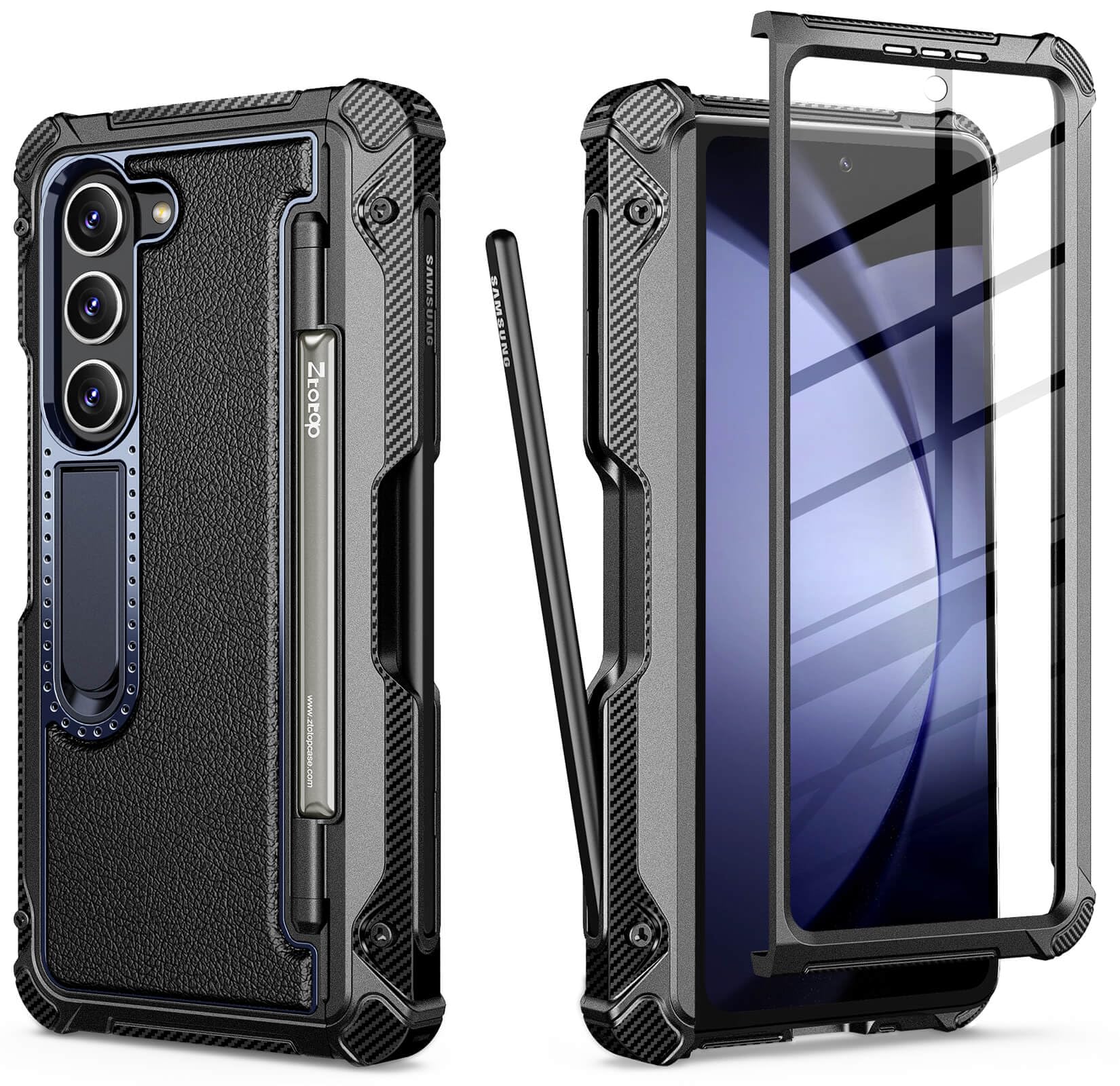 ZtotopCases for Samsung Galaxy Z Fold 5 Case with S Pen Holder(2023),Shockproof Military Grade Drop Tested,[Premium PU Leather Back],360 Full Protection Rugged with Screen Protector&Kickstand, Black