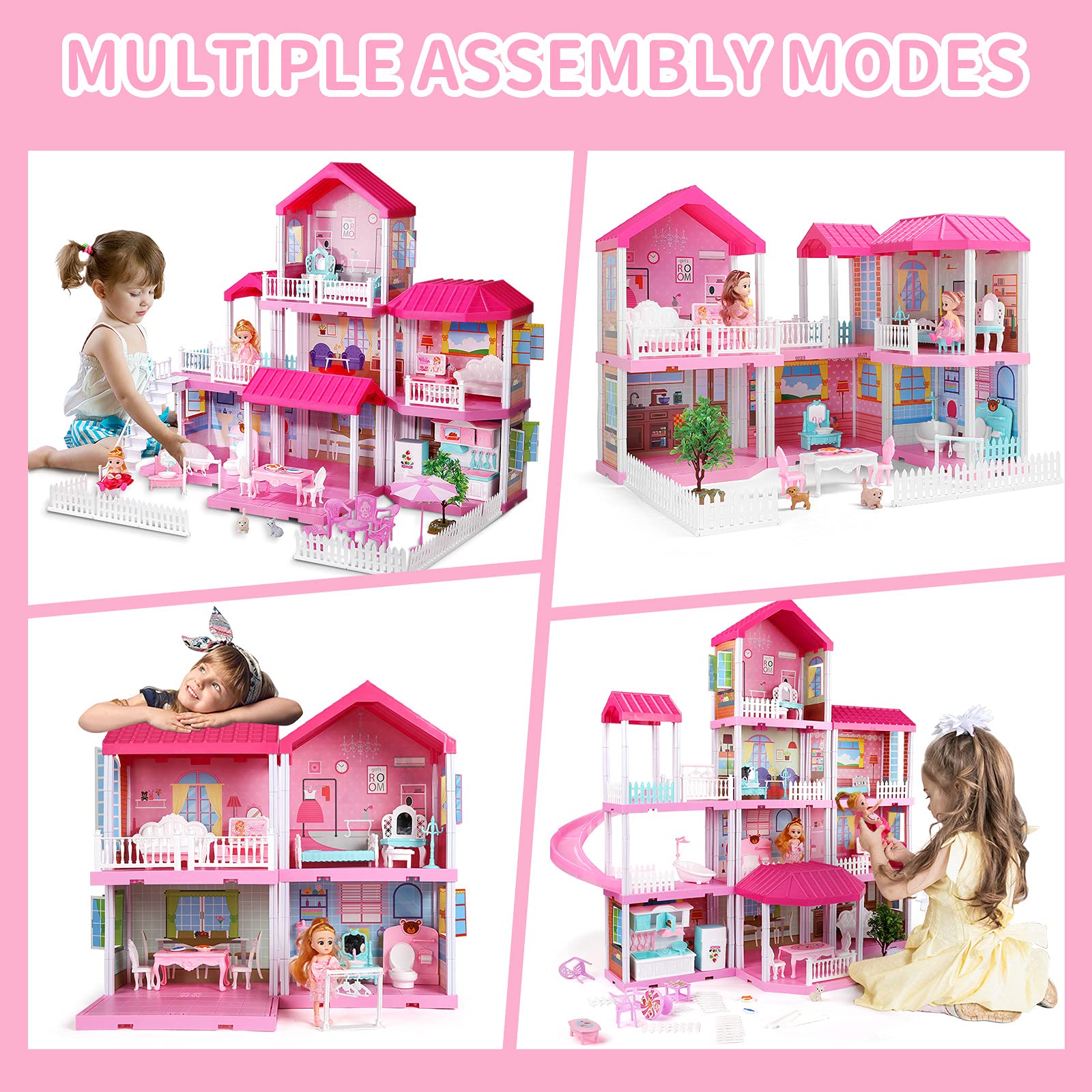 Doll House Play House with Doll Toy Figures, Furniture and Accessories, 4-Story 10 Rooms Toddler Dollhouse Gift for Kids Ages 3+, Playhouse Toys for 3 4 5 6 7 Year Old Girls