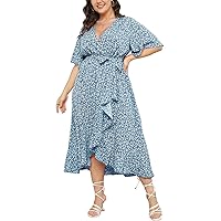 Women's Plus Size Maxi Dress Summer Floral Wrap V Neck Short Sleeve High Low Split Long Dress