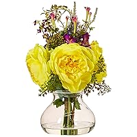 Nearly Natural 1413-YL Rose and Morning Glory Arrangement with Vase,Yellow,17.25'' x 7'' x 7''