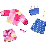 Barbie Fashion 2-Pack, Pink and Yellow Top and Shorts, Blue Tank and Skirt, Pink Sunglasses, Yellow Necklace