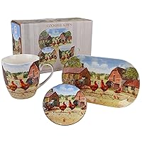 Mug Coaster Tray Tea Set Cockerel & Hen Kitchen Tableware Farm Print Design