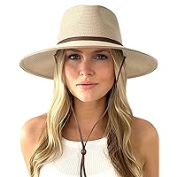 FURTALK Womens Summer Straw Sun Hats Wide Brim Panama Fedora Beach Hat with Wind Lanyard UPF 50+