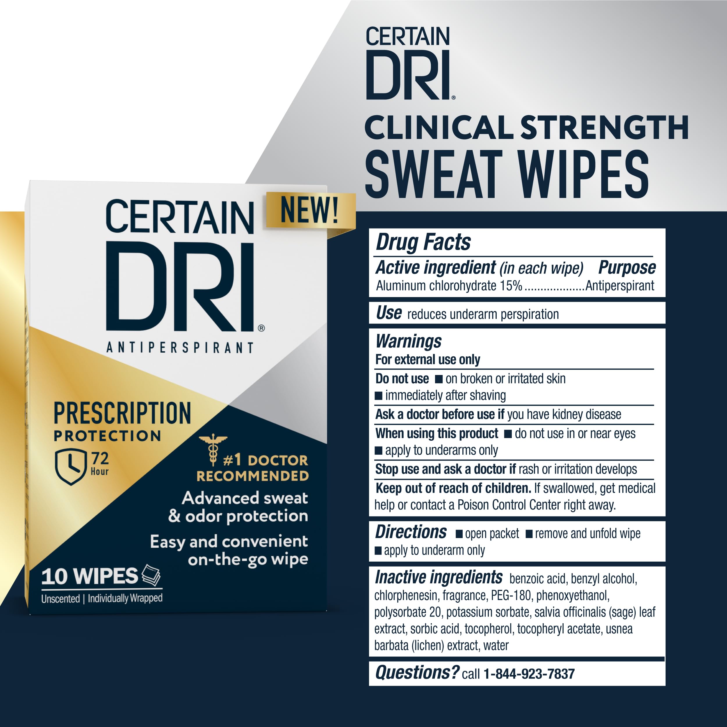 Certain Dri Antiperspirant Wipes for Excessive Sweating, Clinical Strength Protection Against Odor and Perspiration, Travel Friendly, Dermatologist Recommended, 10ct