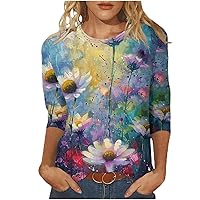 Tallas Grandes Manga 3/4 Longitud Tops Mujer 2024 Verano Patrón Floral Camisetas Casuales Clásico Cómodo Y2K Jersey Moda