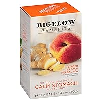 Bigelow Tea Benefits Calm Stomach Ginger Peach Herbal Tea, Caffeine Free, 18 Count (Pack of 6), 108 Total Tea Bags