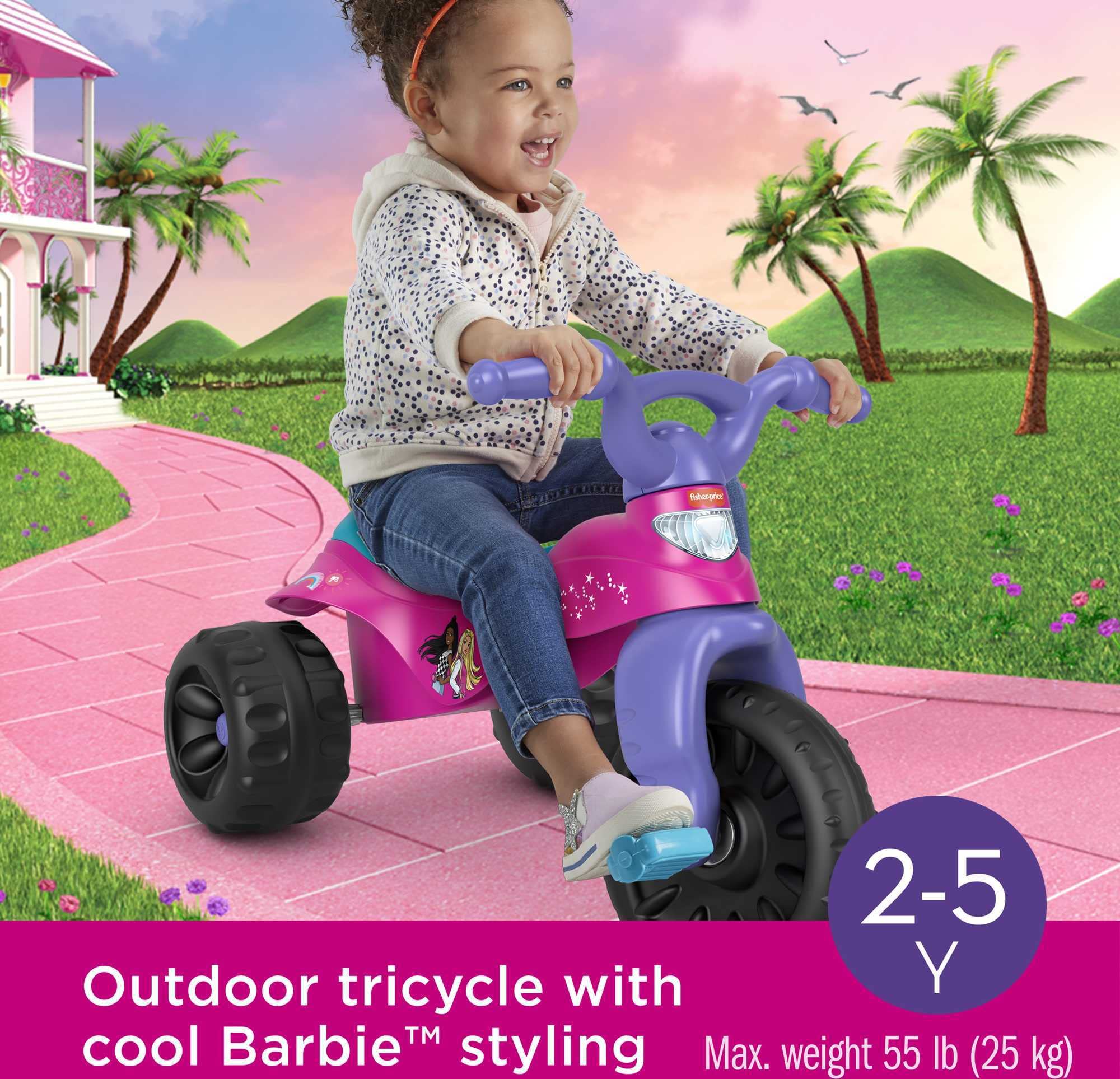 Fisher-Price Barbie Tricycle with Handlebar Grips and Storage Area, Multi-Terrain Tires, Tough Trike Large, Multi-color