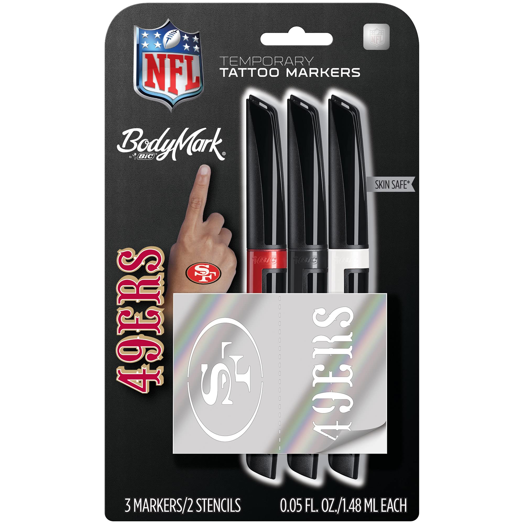 BodyMark by BIC, Temporary Tattoo Marker, NFL Series, San Francisco 49ers, Skin Safe, Brush Tip, Assorted Colors, 3-Pack with Stencils