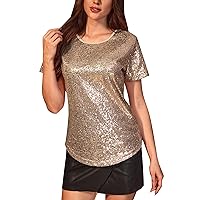 Spadehill Womens Full Sequin Party Short Sleeves Sparkly Shirt