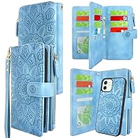 Harryshell Compatible with iPhone 12 / iPhone 12 Pro Case Wallet Detachable Magnetic Zipper Leather Cash Pocket with 12 Card Slots Holder Wrist Strap (Floral Sky Blue)