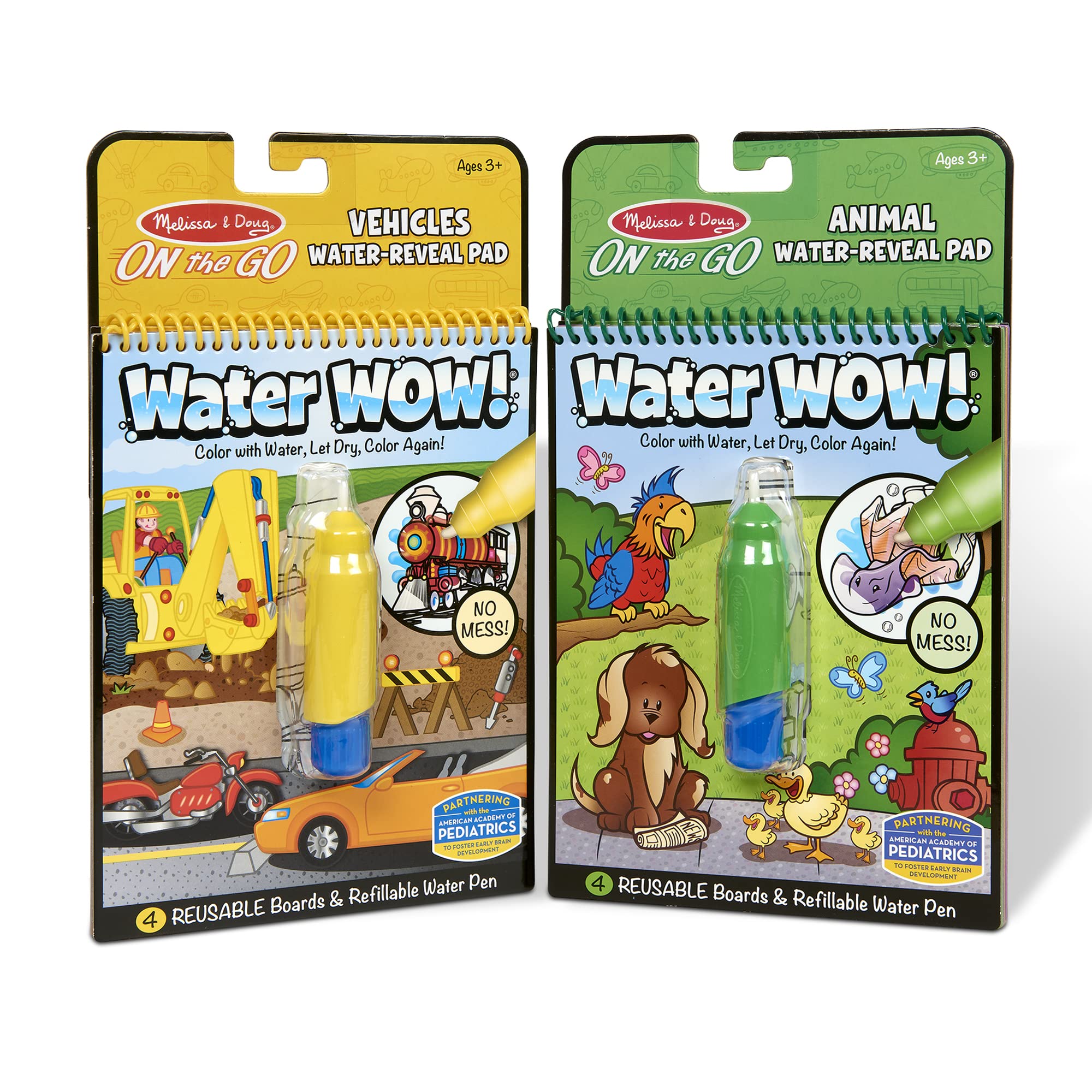 Melissa & Doug On the Go Water Wow! Reusable Water-Reveal Activity Pads, 2-pk, Vehicles, Animals - Party Favors, Stocking Stuffers, Travel Toys For Toddlers, Mess Free Coloring Books For Kids Ages 3+
