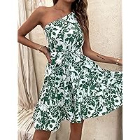 TLULY Dress for Women All Over Floral Print Belted One Shoulder Ruffle Hem Dress (Color : Multicolor, Size : Small)
