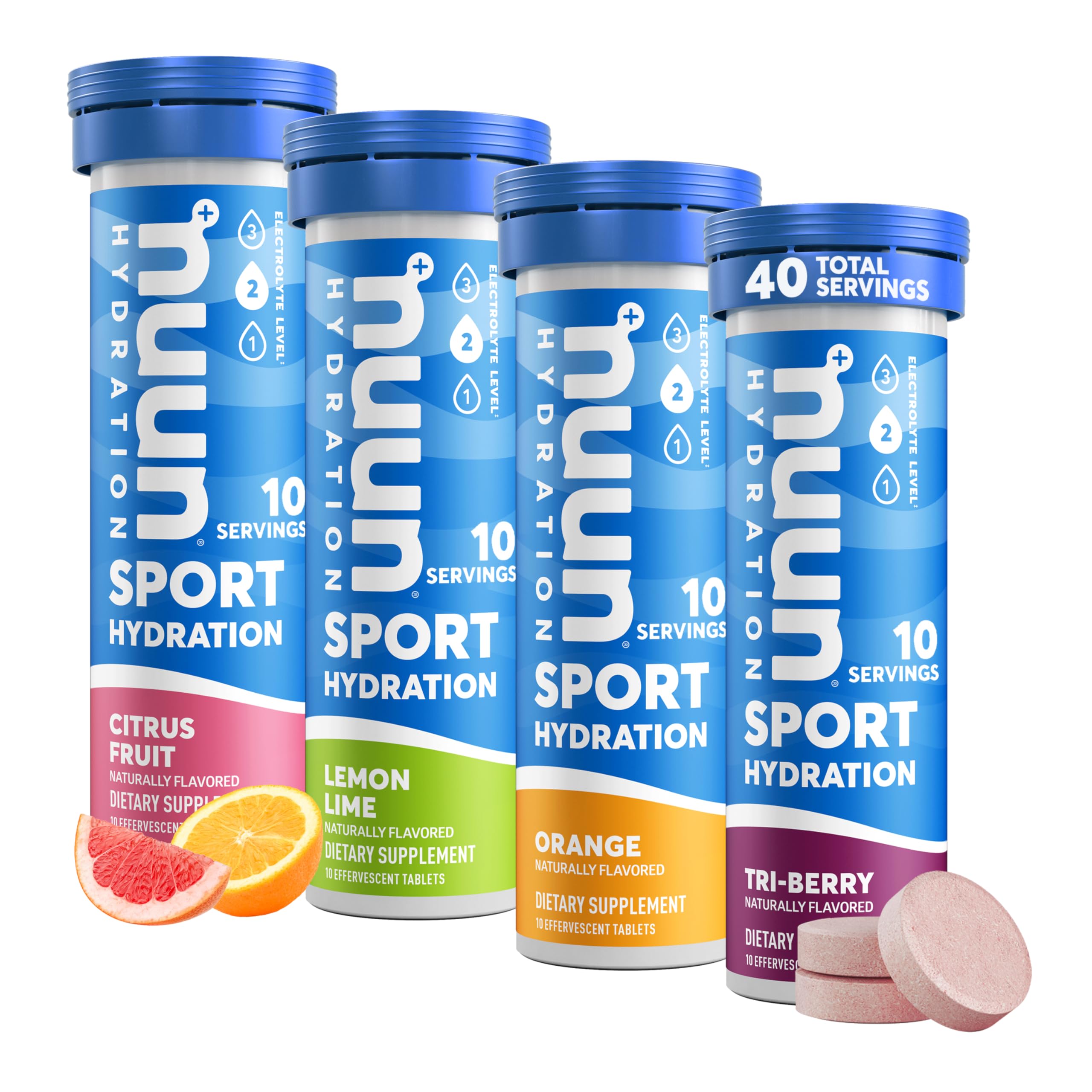 GU Energy Original Sports Nutrition Energy Gel, 24-Count, Assorted Fruity Flavors & Nuun Sport Electrolyte Tablets for Proactive Hydration, Mixed Citrus Berry Flavors, 4 Pack (40 Servings)