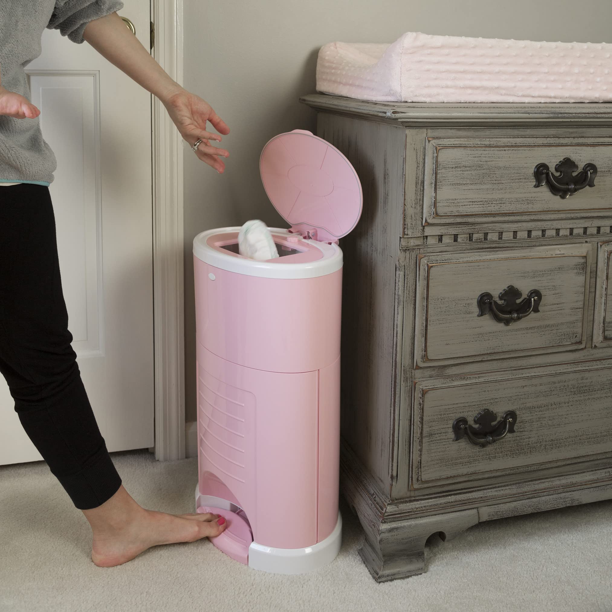 Dekor Plus Hands-Free Diaper Pail | Soft Pink | Easiest to Use | Just Step – Drop – Done | Doesn’t Absorb Odors | 20 Second Bag Change | Most Economical Refill System |Great for Cloth Diapers