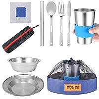 Outdoor Camping Mess Kit - 1 to 2 persons Camping Dishes Includes Cups, Bowls, Dishes, Knives, Forks, Spoons, Etc, Camping Dinnerware Set with Mesh Bag is Easy to Carry Camping Tableware Set