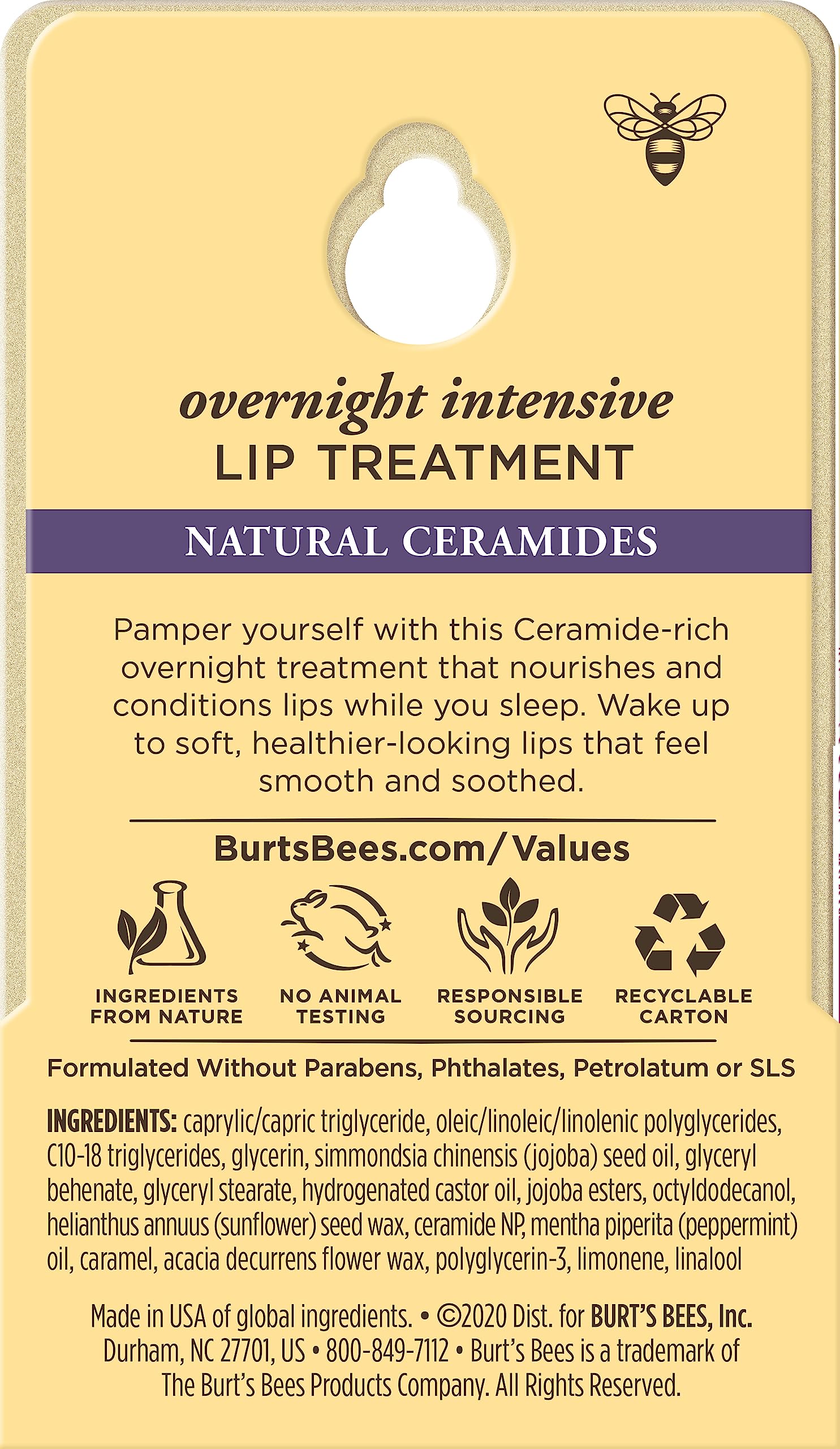 Burts Bees Overnight Intensive Lip Treatment with and Ceramides, Lip Hydrates Lips 8 Hours, Natural Origin, 0.25 oz