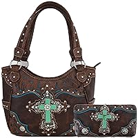 Western Style Rhinestone Cross Conchos Studded Women Purse Tooled Leather Handbag Country Shoulder Bag Trifold Wallet Set