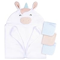 Gerber Baby 4 Piece Animal Character Hooded Towel and Washcloth Set, White Unicorn, One Size