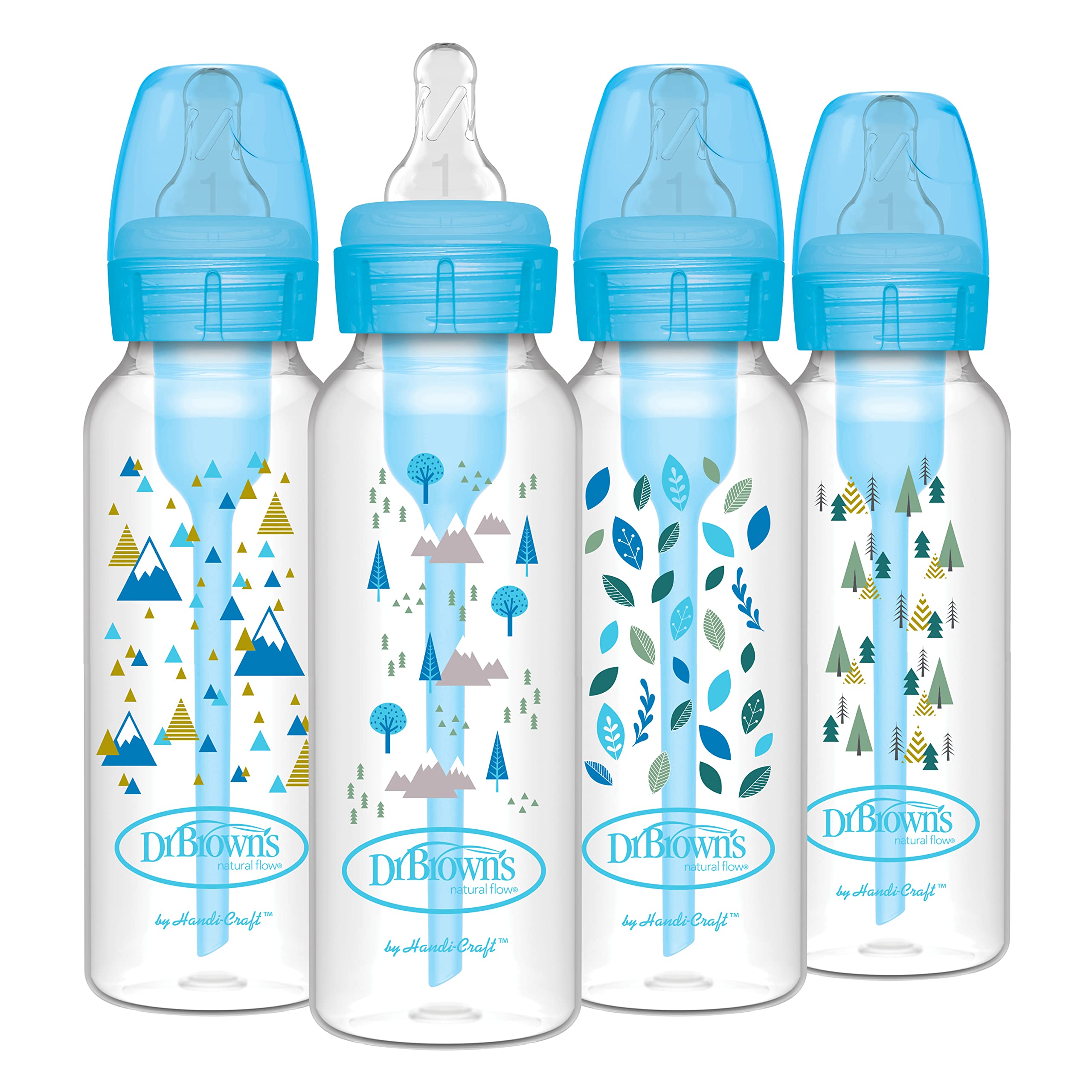 Dr. Brown's Natural Flow Anti-Colic Options+ Narrow Baby Bottles, Nature Designs, 8oz/250mL, with Level 1 Slow Flow Nipples 4-Pack, Blue, 0m+