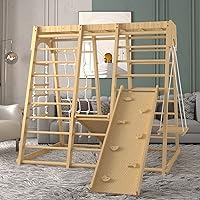 Indoor Jungle Gym, 66inch Toddler Climbing Toys Indoor, 8-in-1 Indoor Playground for Toddler 1-3 with Swing, Armband, Rock Climb Wall, Slide, Monkey Bar, Wood & Rope Ladder, Rope Wall Ladder