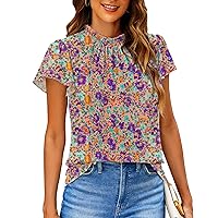 SimpleFun Women Boho Shirts Floral Ruffle Short Sleeve Mock Neck Flowy Casual Summer Blouses Tops