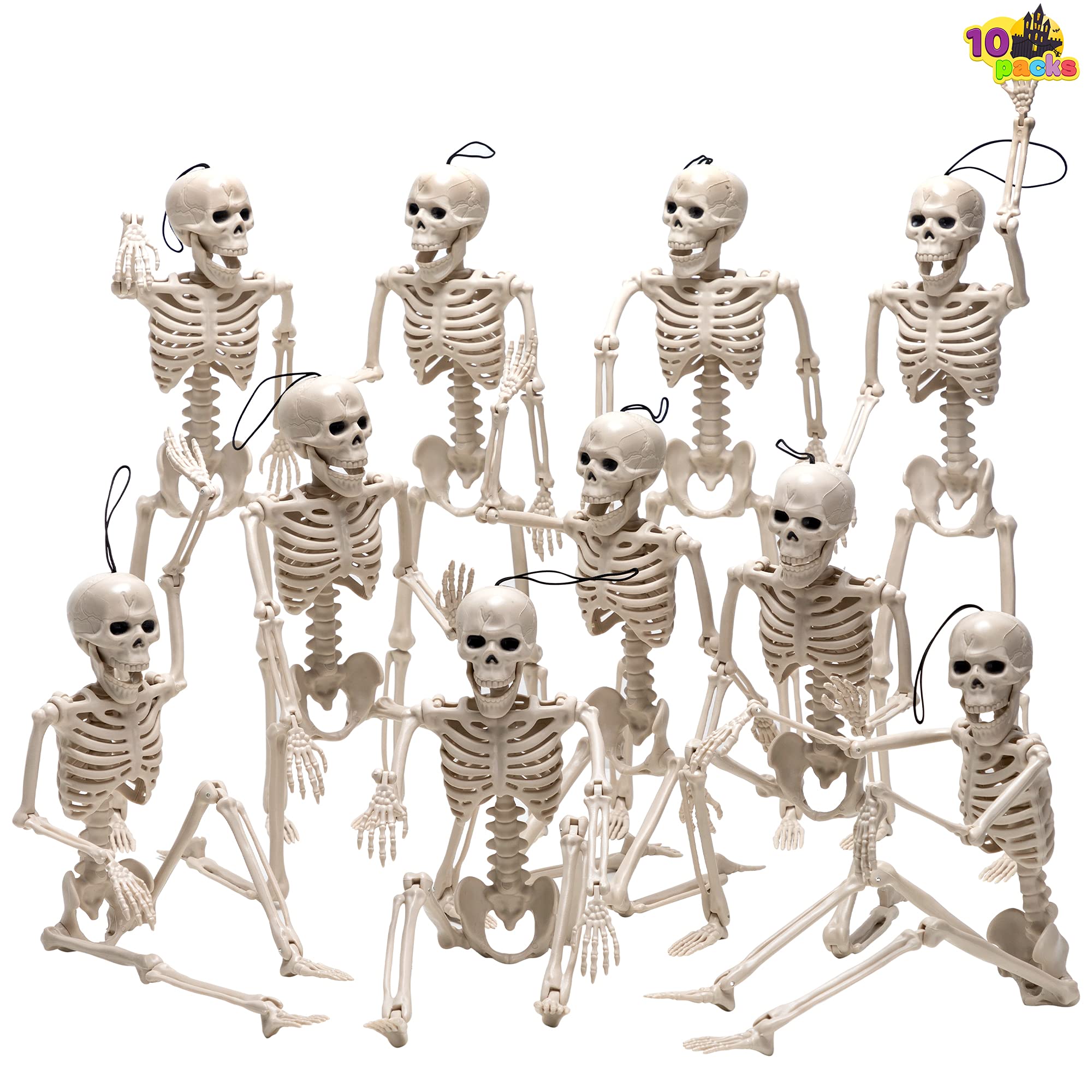 JOYIN 10 Halloween Hanging Skeletons 16” Full Body Stretchy Realistic Human Plastic Bones with Movable Posable Joints for Halloween Indoor Outdoor Party Decor, Graveyard Decorations, Haunted House Photo Prop Accessories
