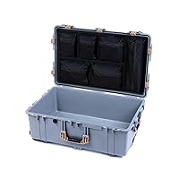 Pelican 1650 Case by ColorCase - Silver - Large Sized Waterproof Rolling Case with Mesh Lid Organizer - Desert Tan Handles & Latches