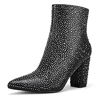 Rollda Rhinestone Boots for Women Glitter Ankle Boots Pointed Toe Block Chunky Heel Boots Sparkly Booties