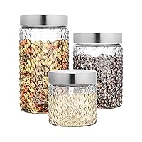Style Setter Square Canister Set 3-Piece Glass Jars in 30, 44 and 59 ounces Chic Retro Design with Airtight Stainless Steel Lids for Cookies, Candy, Coffee, Flour, Sugar, Rice, Cereal Medallion