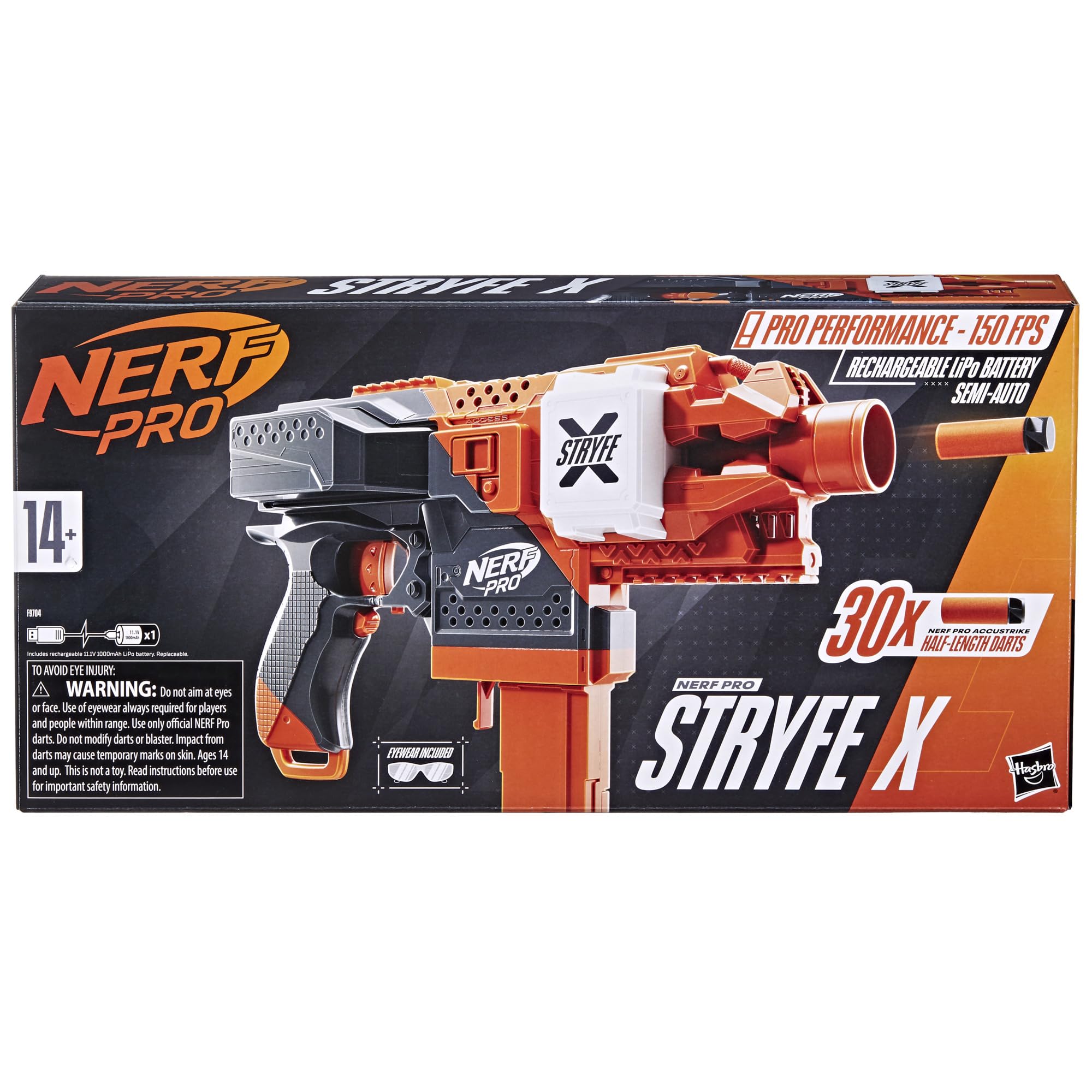 Nerf Pro Stryfe X Dart Semi-Auto Blaster, Rechargeable LiPo Battery, 30 AccuStrike Half-Length Darts, 15-Dart Magazine, 150 FPS, Eyewear, 14+